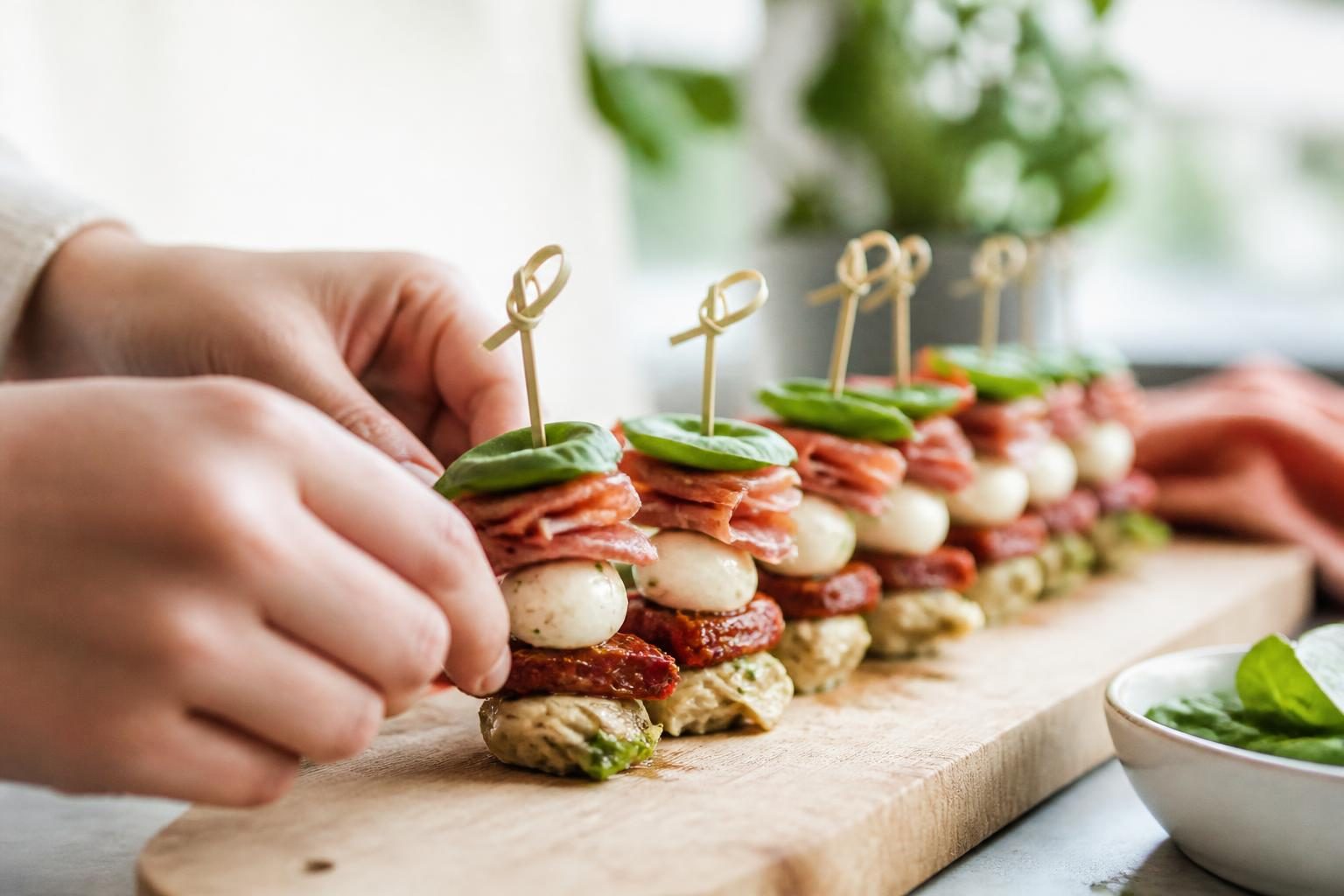 Mini brochettes apéritives froides dressées sur une planche en bois