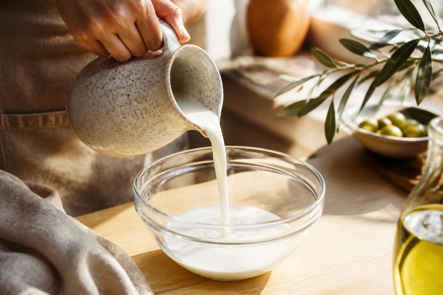Ml en gramme : lait versé dans un bol en cuisine méditerranéenne