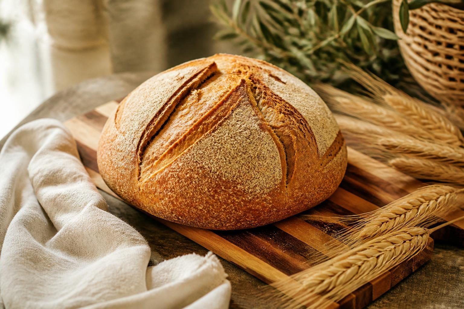 Pain rustique à la farine d'orge sur une planche en bois avec des épis d'orge
