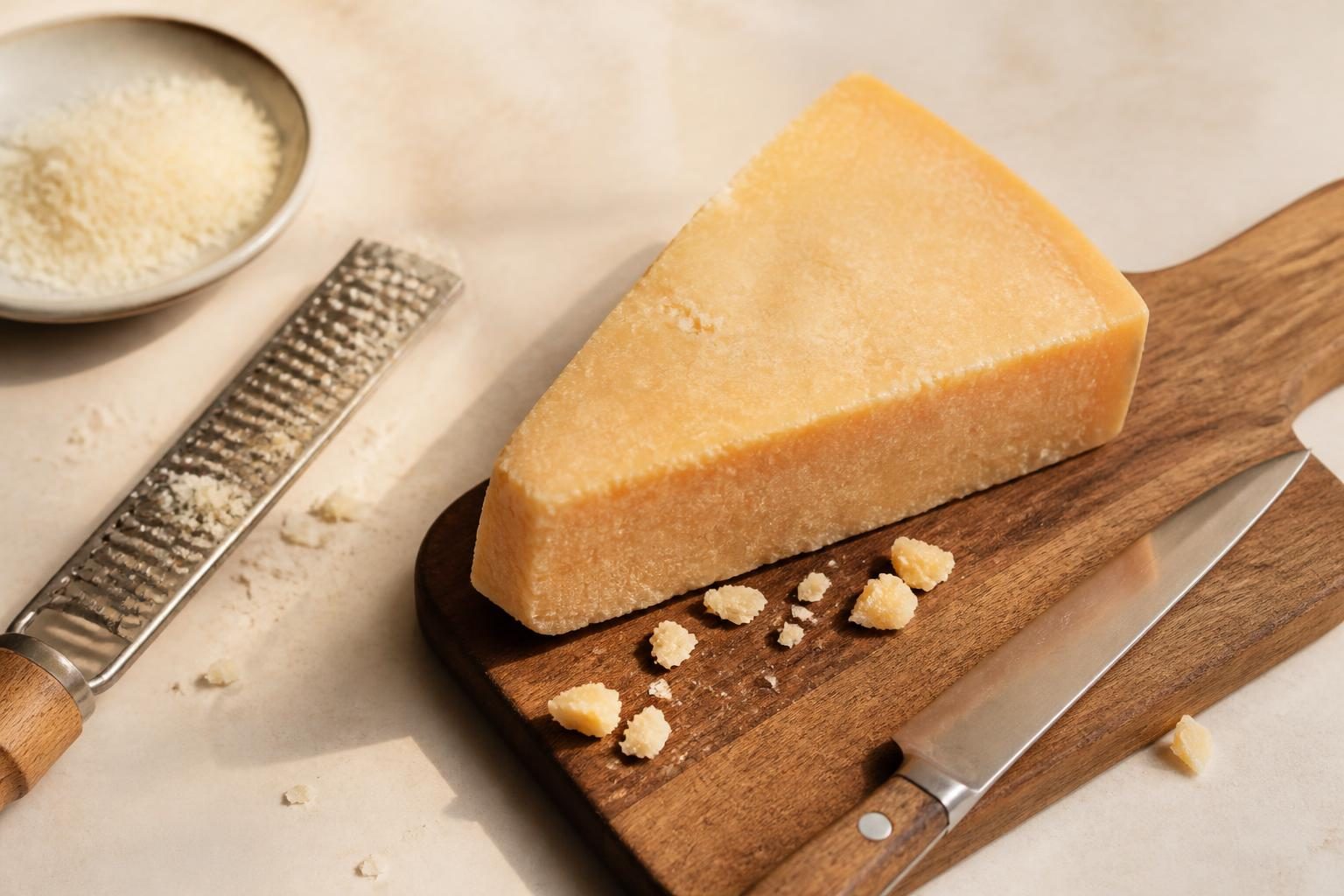 Morceau de parmesan entier posé sur une planche en bois avec râpe et couteau