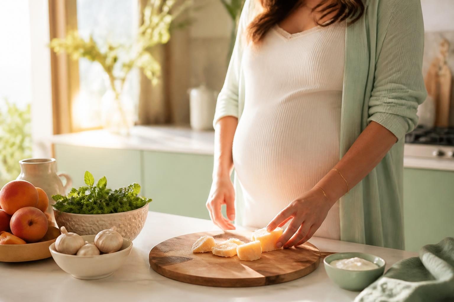 Mains d'une femme enceinte choisissant un morceau de parmesan dans une cuisine baignée de lumière douce