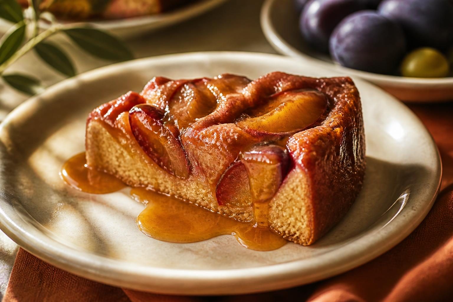 Part de gâteau aux prunes moelleux dans une assiette avec coulis de prune