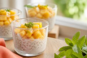 Verrines de perles du Japon au lait de coco et mangue fraîche
