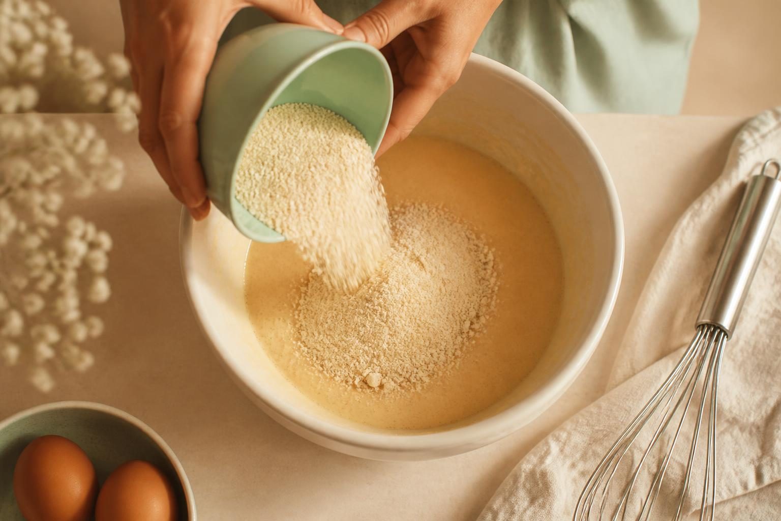 Mains versant la poudre d'amandes dans la pâte à financier