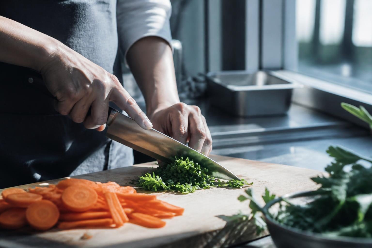 Préparation des carottes et du persil avant la cuisson, planche à découper près d'une fenêtre