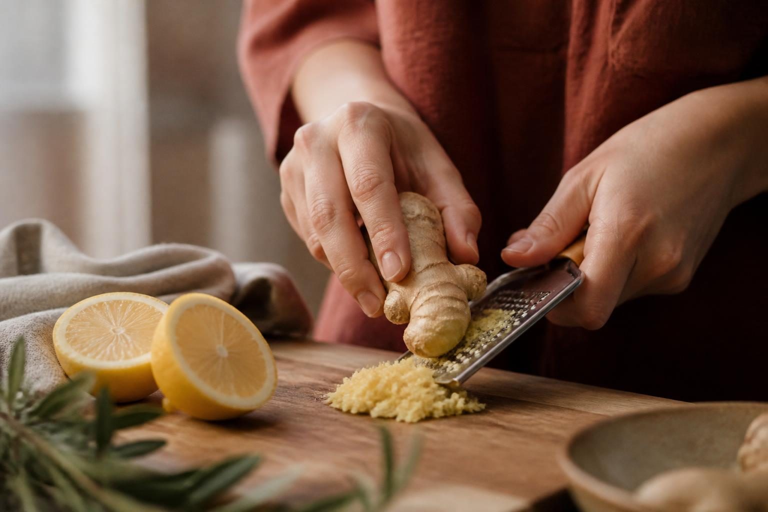 Gingembre frais râpé et citron coupé pour un jus de gingembre maison