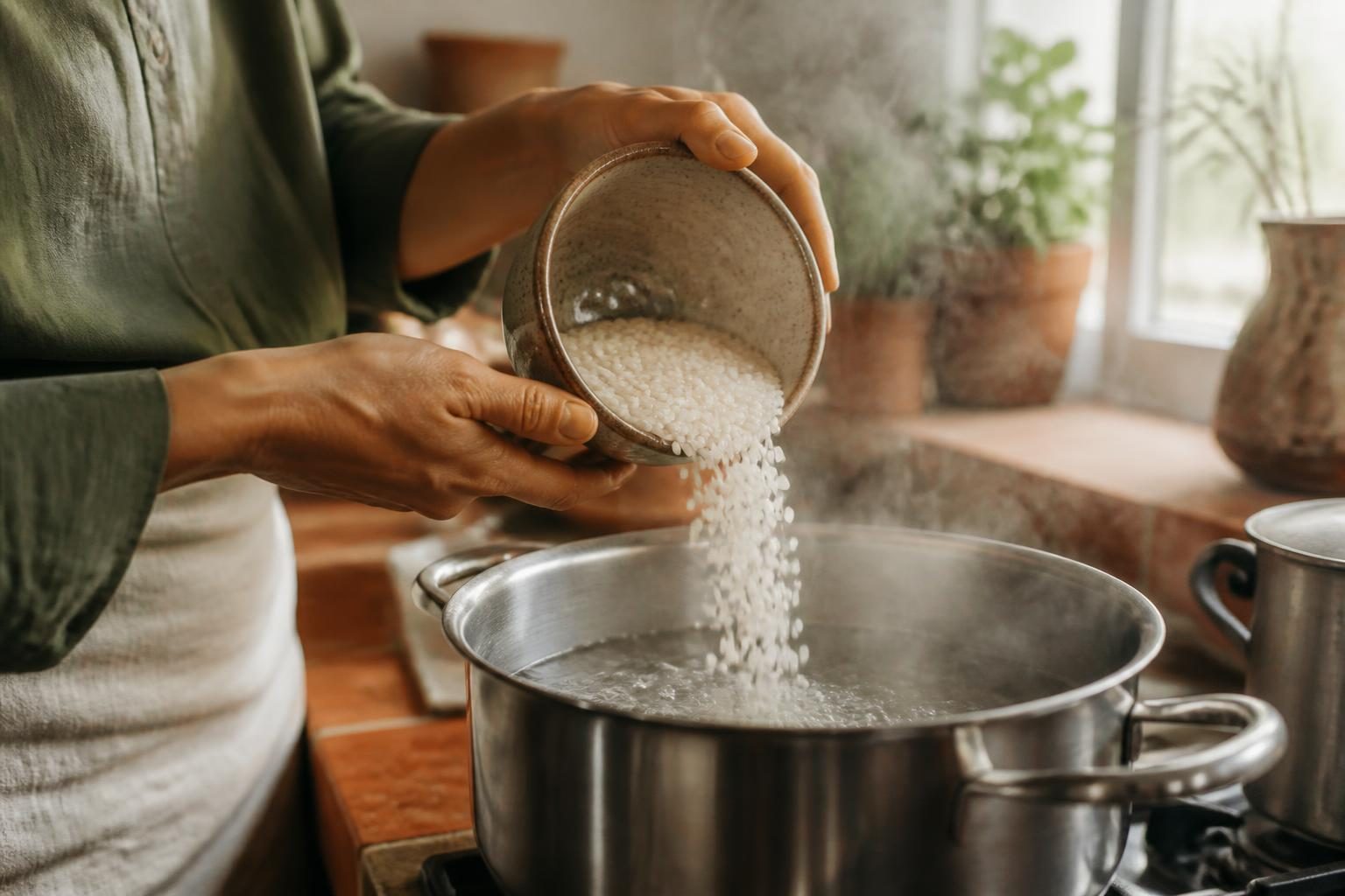 Riz de Camargue versé dans une casserole d'eau bouillante