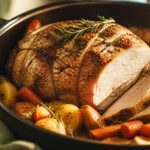 Rôti de porc en cocotte tranché, entouré de légumes mijotés