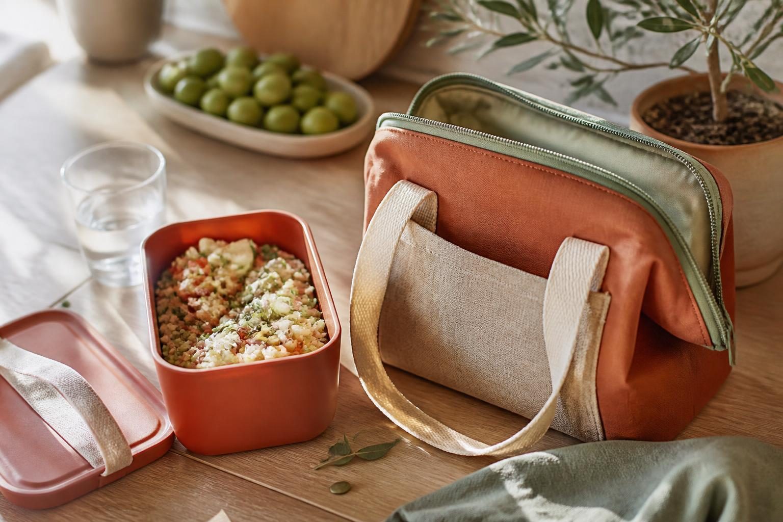 Sac isotherme repas posé sur une table de cuisine lumineuse à côté d'une boîte à repas
