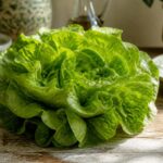 Salade batavia entière aux feuilles vertes ondulées posée sur une table en bois