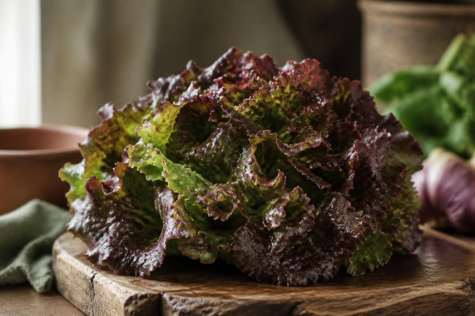 Salade batavia rouge entière posée sur une planche en bois avec des gouttes d'eau sur les feuilles
