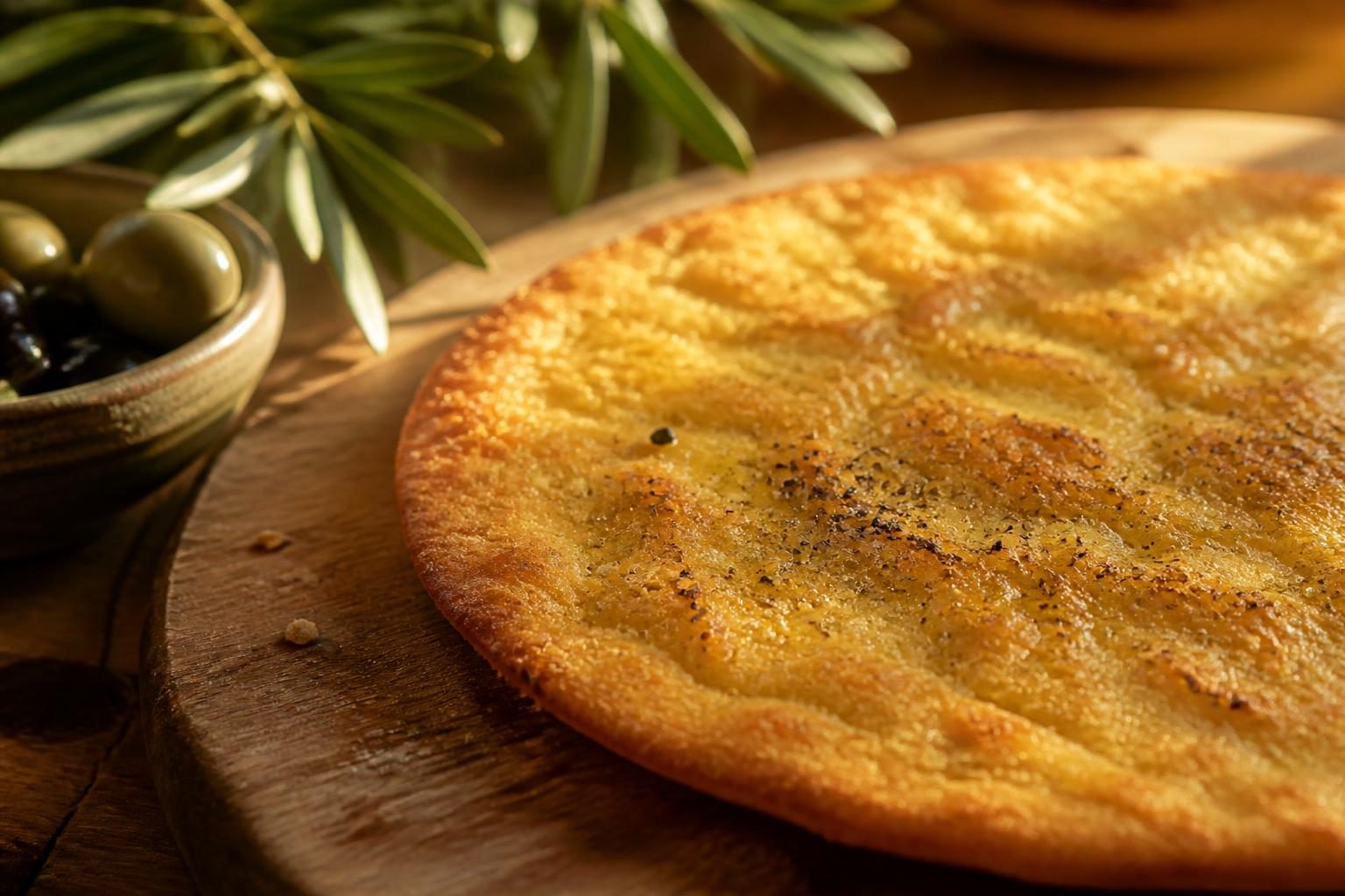 Galette de socca à la farine de pois chiche sur une planche en bois