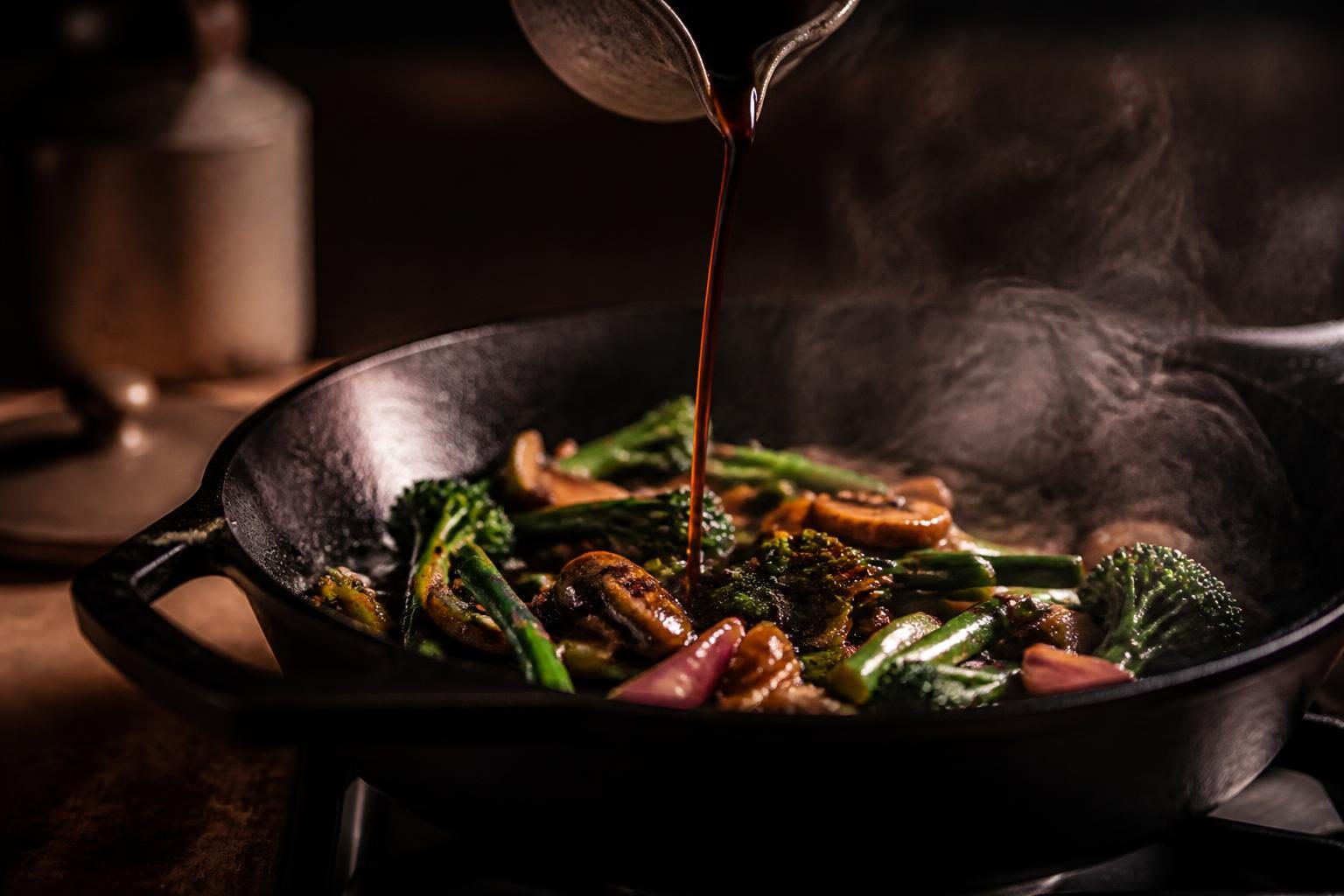 Sauce tamari versée sur des légumes sautés dans une poêle en fonte