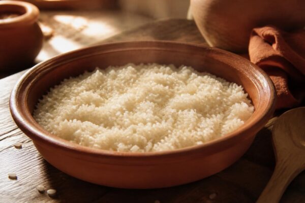 Riz de Camargue cuit, grains nacrés dans un plat en terre cuite