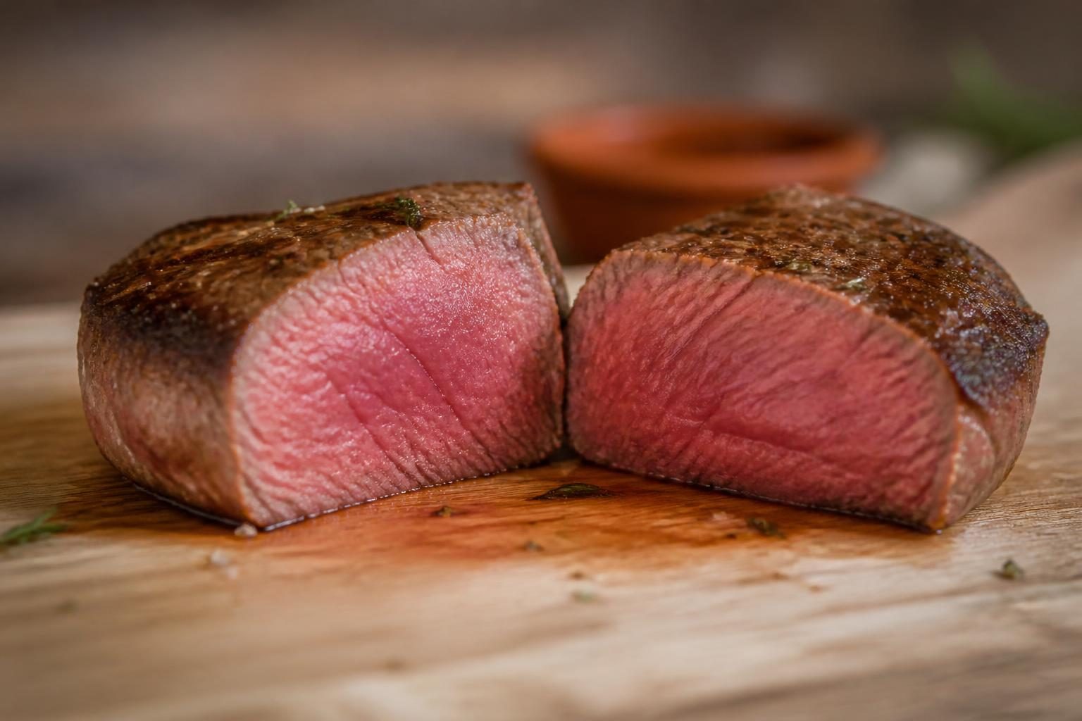 Tournedos de bœuf tranché montrant une cuisson saignante uniforme