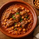 Tlitli algérien en sauce rouge avec viande fondante et pois chiches, servi dans un plat en terre cuite