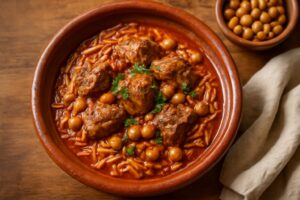 Tlitli algérien en sauce rouge avec viande fondante et pois chiches, servi dans un plat en terre cuite