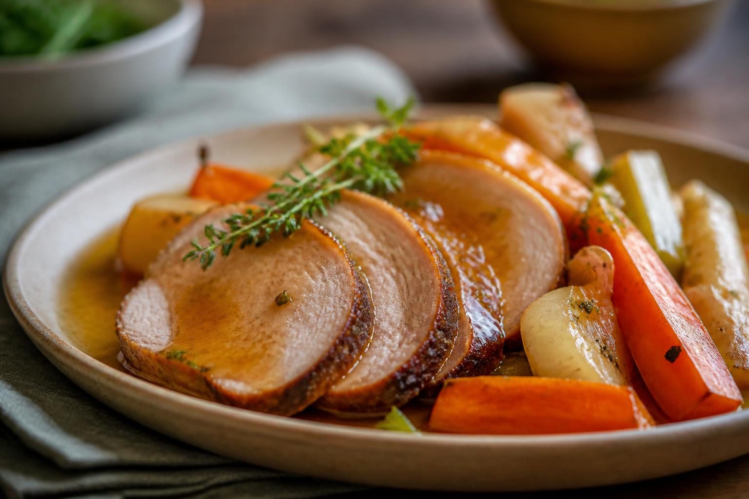 Rôti de porc en cocotte tranché, nappé de jus et entouré de légumes